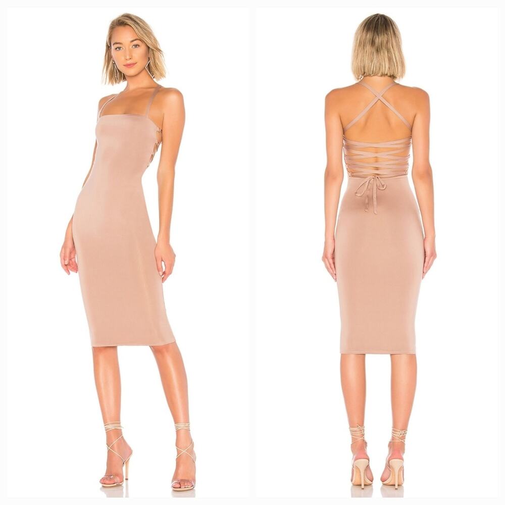 Superdown Yvonne Laced Back Midi Dress in Taupe